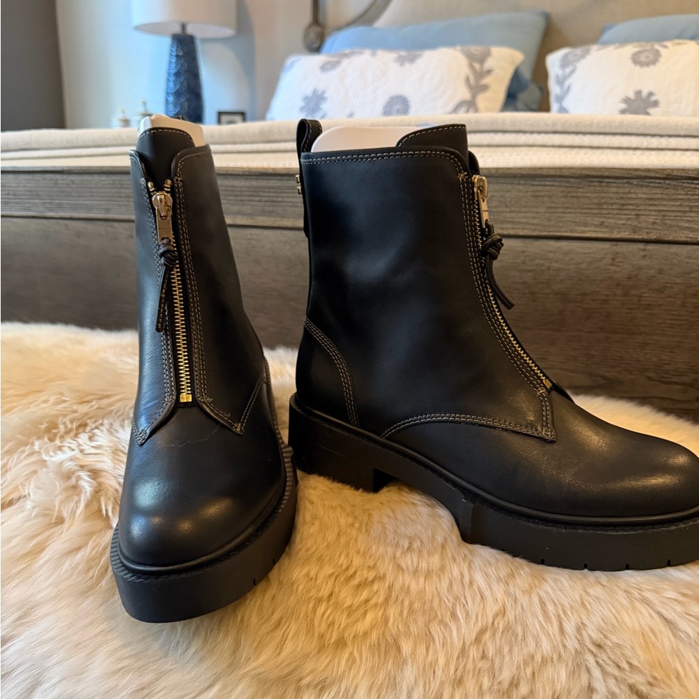 Coach Black Leather Front-Zip Platform Combat Boots